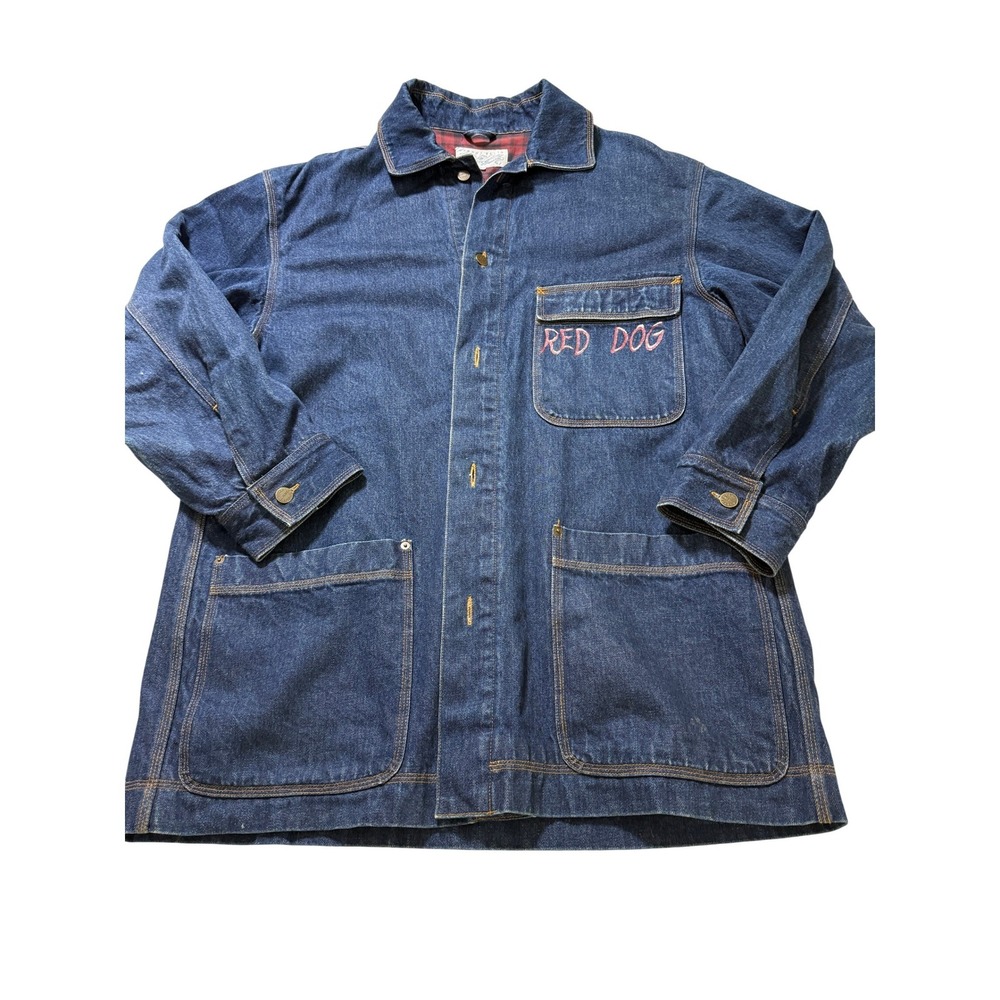 Perry Ellis Denim Chore Coat Mens L. Hand Painted Dog Sled Red Flannel Lined
